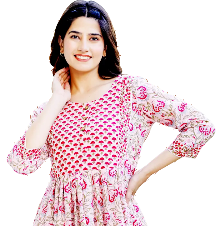 Model wearing a pink hand block printed cotton kurti by Aarav Collection