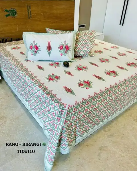 Hand block printed cotton double bed sheet