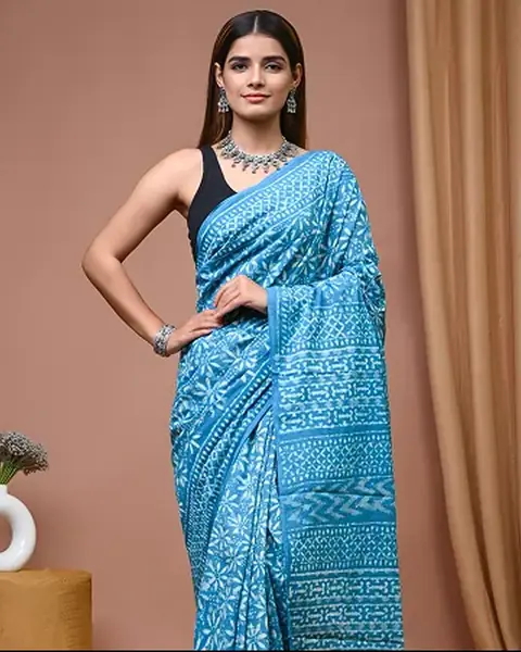 Hand block printed cotton saree