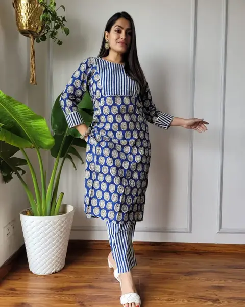 Blue hand block printed cotton kurti