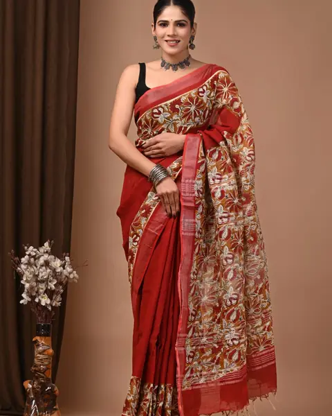 Red hand block printed linen saree