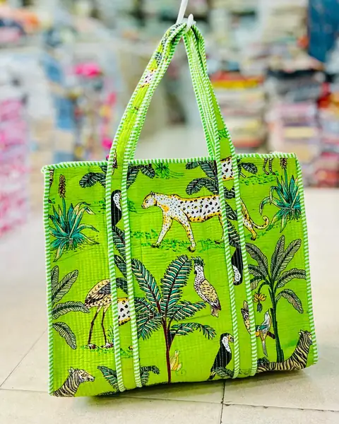 Quilted hand block printed tote bag