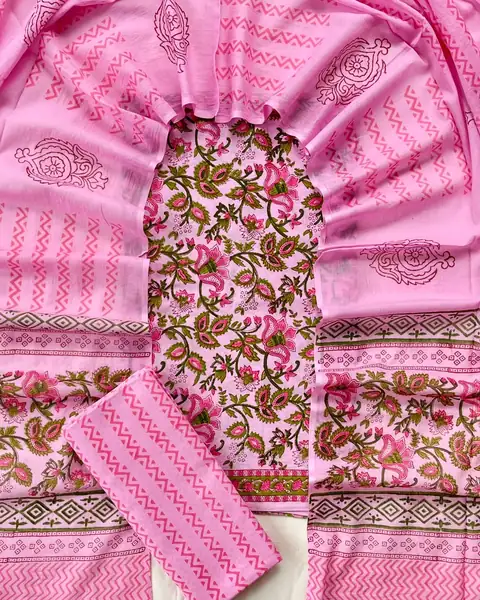 Unstitched hand block printed cotton salwar suit set