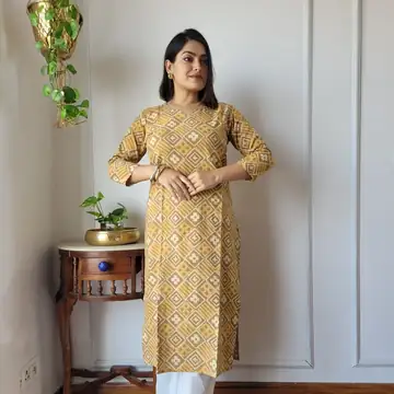 Yellow hand block printed cotton kurti