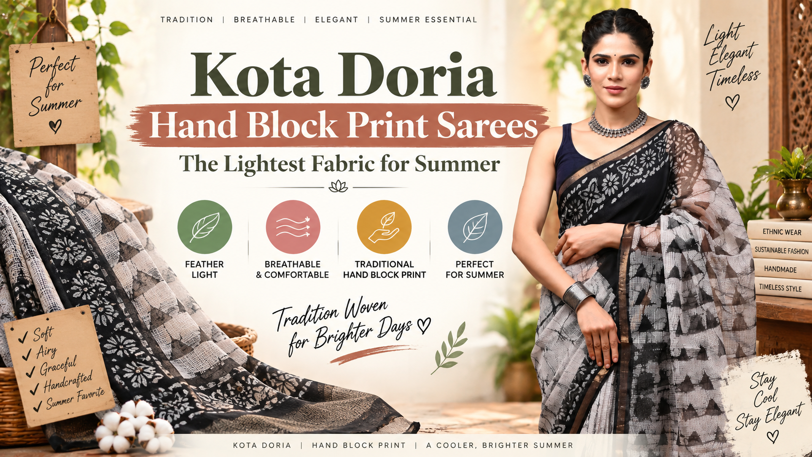 Kota Doria Hand Block Print Sarees for Summer